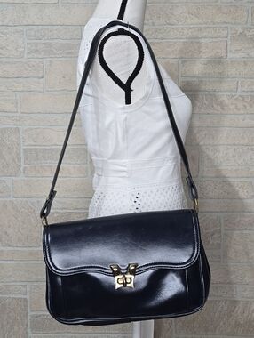 Vintage Navy Blue Structured Shoulder Bag Turn Lock Multi Compartment w/ Pouch